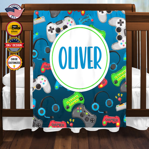 Image of USA Printed Custom Game Blanket, Blue Game Pattern Blanket, Gaming Blanket for Gamer, Custom Name Blanket, Birthday Gift Blanket, Personalized Sherpa Blanket, Fleece Blanket, Gift for Him for Boy for Son