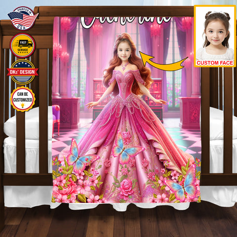 Image of Personalized Fairytale Blanket, Princess With Twilight Castle Luxury Blanket, Custom Face And Name Blanket, Girl Blanket, Princess Blanket for Girl