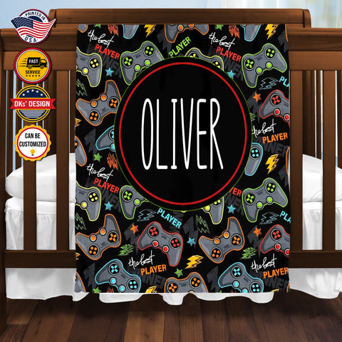 Image of USA Printed Custom Game Blanket, Black Game Pattern Blanket, Gaming Blanket for Gamer, Custom Name Blanket, Birthday Gift Blanket, Personalized Sherpa Blanket, Fleece Blanket, Gift for Him for Boy for Son