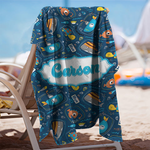 Image of Personalized Name Submarine With Sea Animals Beach Towel