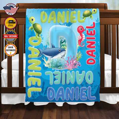 Image of Personalized Baby Animal Blanket, Under The Sea Initial Custom Name Blanket, Birthday Dolphin Blanket, Ocean Animals Blanket, Baby Shower Gift