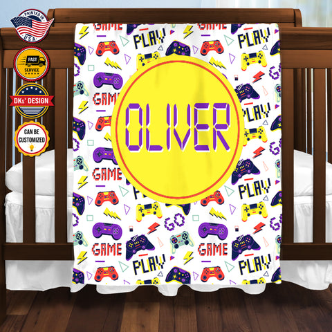 Image of USA Printed Custom Game Blanket, White Game Pattern Blanket, Gaming Blanket for Gamer, Custom Name Blanket, Birthday Gift Blanket, Personalized Sherpa Blanket, Fleece Blanket, Gift for Him for Boy for Son