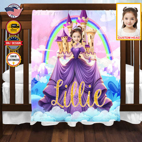 Image of Personalized Fairytale Blanket, Purple Princess And Castle Blanket, Custom Face And Name Blanket, Girl Blanket, Princess Blanket for Girl