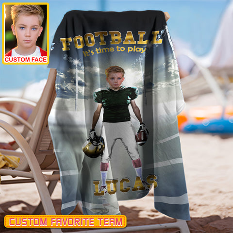 Image of Personalized Name & Photo It's Time To Play American Football Beach Towel, Sport Beach Towel