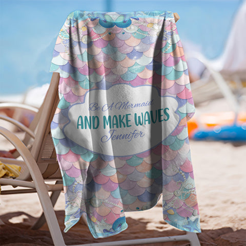 Image of Personalized Name Be A Mermaid And Make Waves Beach Towel