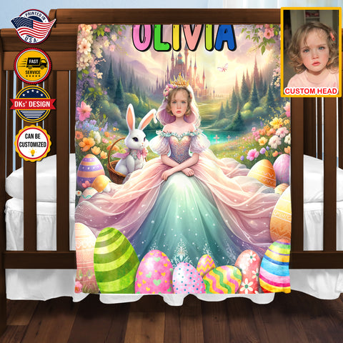 Image of Personalized Easter Blanket, Easter With Princess And Bunny Custom Face And Name Blanket, Blanket for Easter Day, Girl Princess Blanket, Easter Gift
