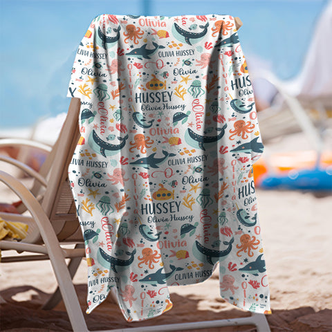 Image of Personalized Name Under The Sea Ocean Animals Beach Towel