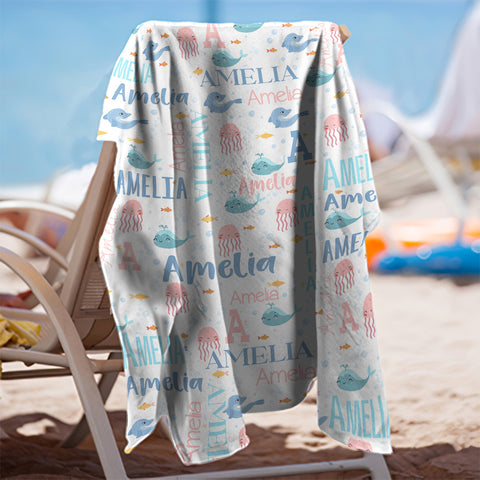 Image of Personalized Name Sea Animals Jellyfish Dolphin Whale Beach Towel
