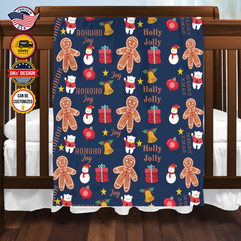 Image of Personalized Christmas Blanket, Custom Christmas Gingerbread Man Blanket, Holly Jolly Christmas Blanket, Baby Shower Gift, Christmas Gifts