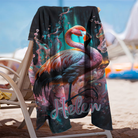 Image of Personalized Name Flamingo Beach Towel, Splash Flamingo Animals Beach Towel, Customized Gifts for Animals Lovers