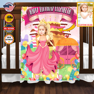 Personalized Birthday Cake Castle Blanket, Custom Face And Name Blanket, Fairy Tale Girl Blanket, Princess Blanket for Girl, Birthday Gift