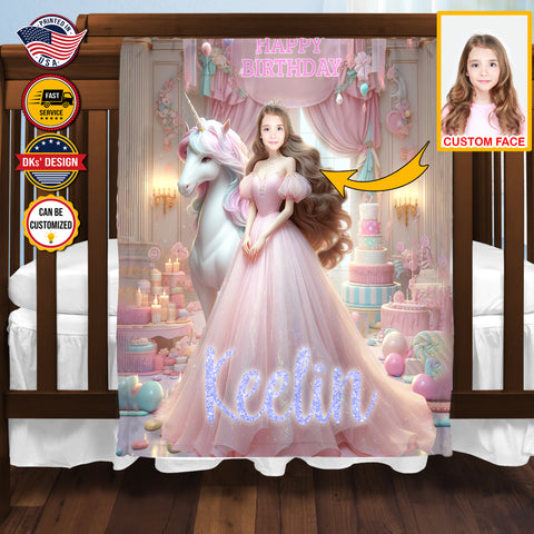 Image of Personalized Unicorn Princess Birthday Custom Face And Custom Name Blanket, Birthday Girl Blanket, Personalized Unicorn Blanket, Birthday Gifts