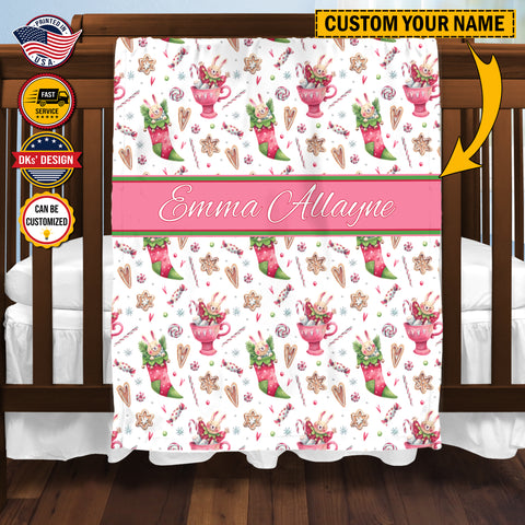 Image of Personalized Watercolor Christmas Socks And Cups Custom Name Blanket, Personalized Christmas Blanket, Baby Shower Gift, Christmas Gifts