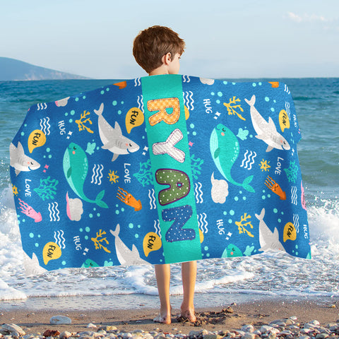 Image of Personalized Name Colorful Sea Animals for Kid Beach Towel