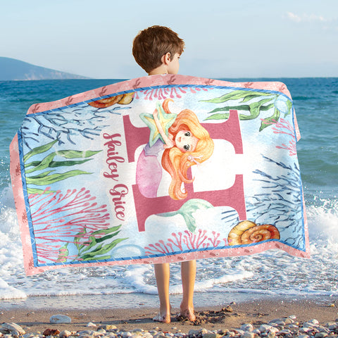 Image of Personalized Initial & Name Mermaid Coral Girl Beach Towel