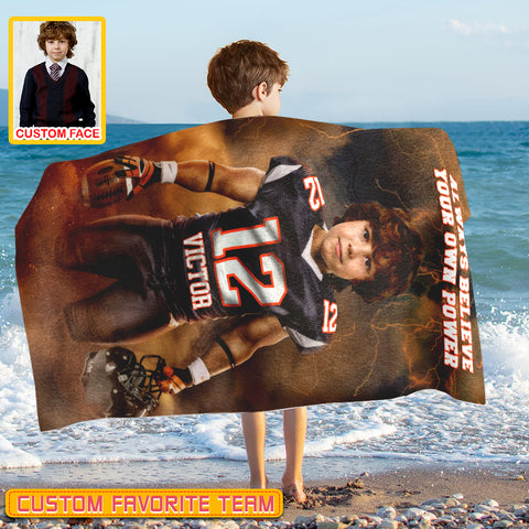 Image of Personalized Name & Photo Always Believe Your Own Power American Football Beach Towel, Sport Beach Towel