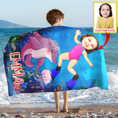 Image of Personalized Name & Photo Dolphin Girl Under The Sea Beach Towel