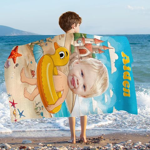 Image of Personalized Name & Photo Custom Face Kid Sand Beach Sea View Beach Towel