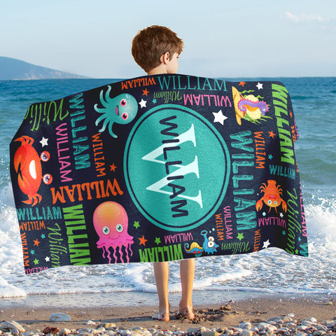 Image of Personalized Name Colorful Lettering Sea Animal Beach Towel