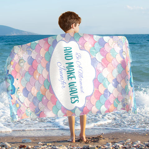 Image of Personalized Name Be A Mermaid And Make Waves Beach Towel
