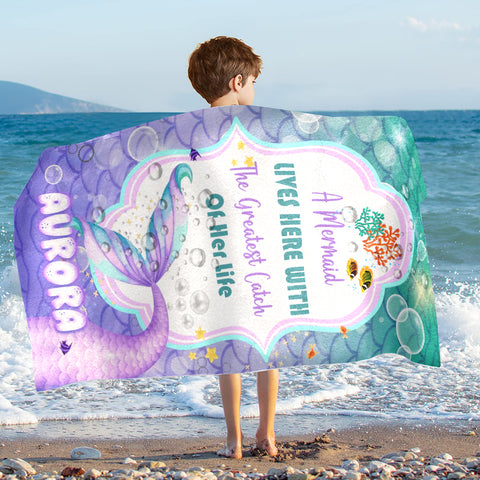 Image of Personalized Name A Mermaid Lives Here Mermaid Beach Towel