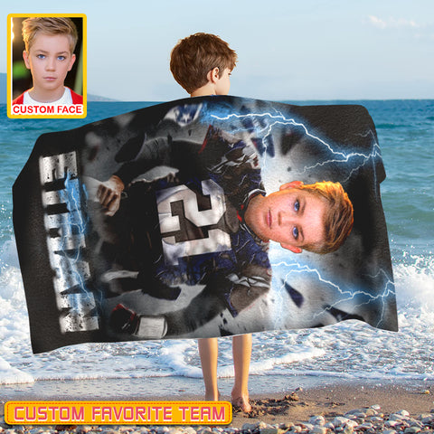 Image of Personalized Name & Photo Break Thunder American Football Beach Towel, Sport Beach Towel, Football Lover Gift
