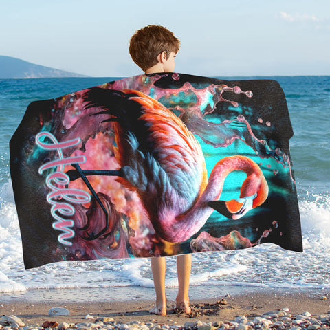 Image of Personalized Name Flamingo Beach Towel, Splash Flamingo Animals Beach Towel, Customized Gifts for Animals Lovers