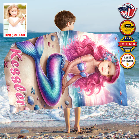 Image of Personalized Name & Photo Summer Mermaid Pearl Beach Towel