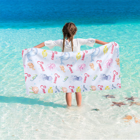 Image of Personalized Name Under The Sea Colorful Ocean Animals Beach Towel