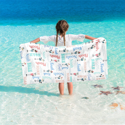 Image of Personalized Name Sea Animals Seagull Custom Name Beach Towel
