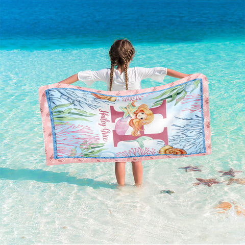 Image of Personalized Initial & Name Mermaid Coral Girl Beach Towel