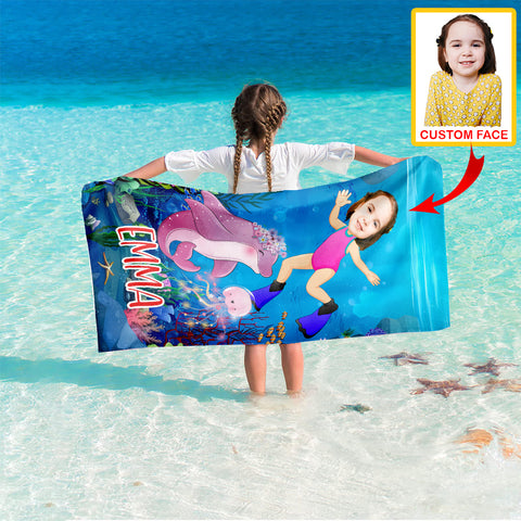 Image of Personalized Name & Photo Dolphin Girl Under The Sea Beach Towel