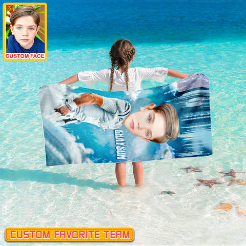 Image of Personalized Name & Photo Ice Big Face American Football Beach Towel, Sport Beach Towel