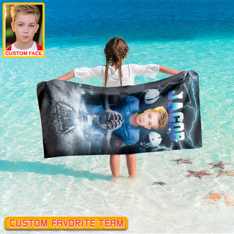 Image of Personalized Name & Photo Super Star American Football Beach Towel, Sport Beach Towel, Football Lover Gift
