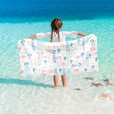 Image of Personalized Name Sea Animals Jellyfish Dolphin Whale Beach Towel