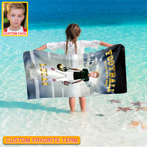 Image of Personalized Name & Photo It's Time To Play American Football Beach Towel, Sport Beach Towel