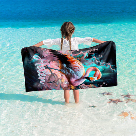 Image of Personalized Name Flamingo Beach Towel, Splash Flamingo Animals Beach Towel, Customized Gifts for Animals Lovers