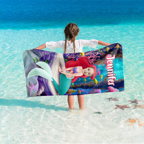 Image of Personalized Name & Photo Litte Mermaid In Deep Sea Beach Towel