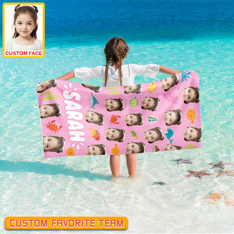 Image of Personalized Name & Photo Girl Custom Face Sea Animals Ocean Animals Beach Towel, Summer Gifts
