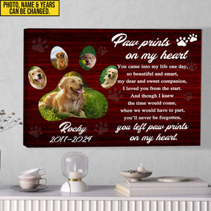 Personalized Pet Memorial Photo Canvas, Paw Prints On My Heart Canvas, Sympathy Gifts, Dog Gifts, Dog Memorial Photo Gift