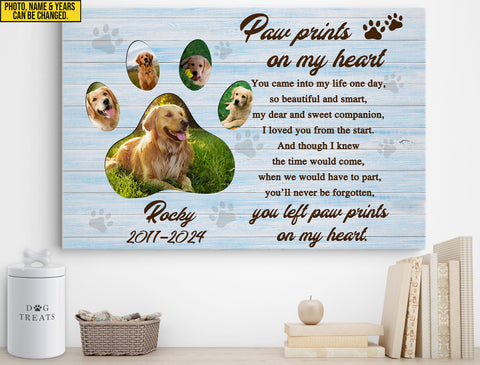 Image of Personalized Pet Memorial Photo Canvas, Paw Prints On My Heart Canvas, Sympathy Gifts, Dog Gifts, Dog Memorial Photo Gift