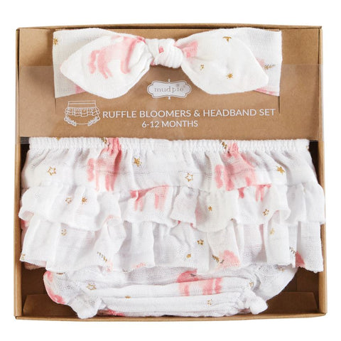 Image of Mud Pie Baby Girl Unicorn Ruffle Bloomers and Headband Set Muslin