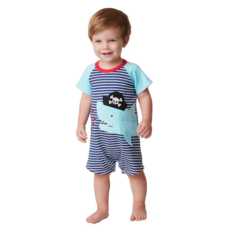 Image of Mud Pie Baby Boy Shark Tank Pirate Hat One Piece Shortall