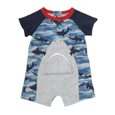 Image of Mud Pie Baby Boy Camo Shark Snap Mouth One Piece Romper