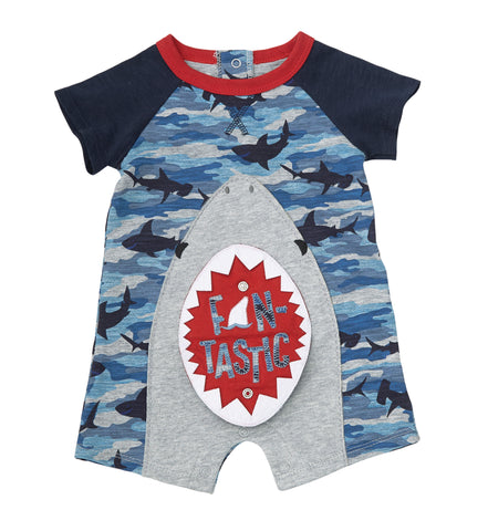 Image of Mud Pie Baby Boy Camo Shark Snap Mouth One Piece Romper