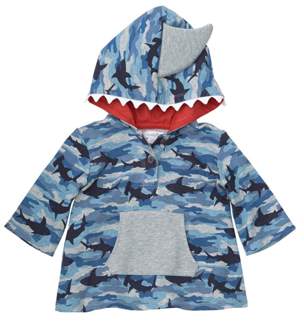 Image of Mud Pie Baby Boy Shark Blue Camo Swim Trunk One Piece Coverup