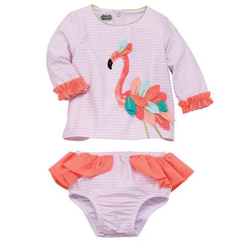 Image of Mud Pie Baby Girl Flamingo Rash Guard Set Swimsuit