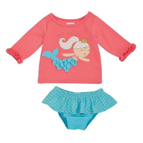 Image of Mud Pie Baby Girl Mermaid Rash Guard & Bikini Set