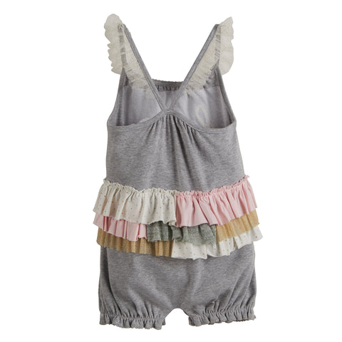 Image of Mud Pie Baby Girl Darling Gray Ruffle Bubble Romper