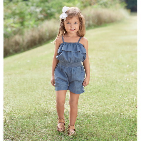 Image of Mud Pie Little Girl Blue Denim Ruffle Romper